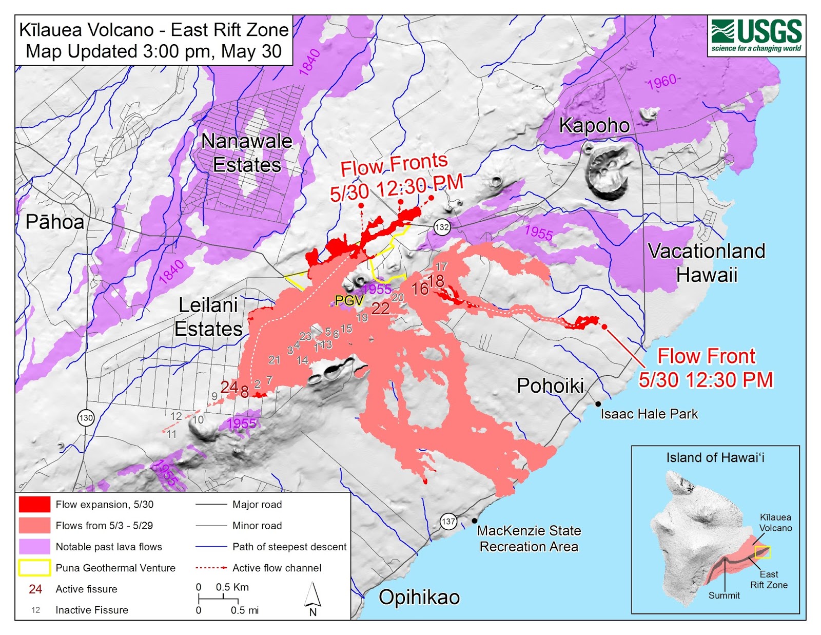 the usgs flow map and the relatively low level seismicity of the last 24 hours or so on the lerz lower east rift zone the usgs flow map and the relatively low level seismicity of the last 24 hours or so on the lerz lower east rift zone