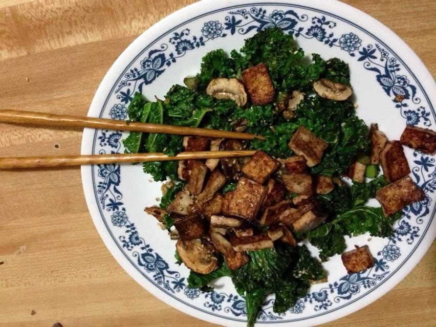 The Sparrow Chef Tofu Stir Fry with Kale, Mushrooms, and Green Onions