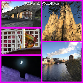 Photos by SonicBliss.  Picture contains various photos from York, England, taken in December, 2016. Objects include: a cathedral, waterway, arched bridge, creepy clown head atop of an amusement ride & remnants of a roman wall.