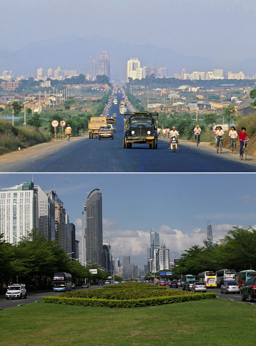 Shennan Road, a major east-west thoroughfare in Shenzhen, in 1985 and 2015.