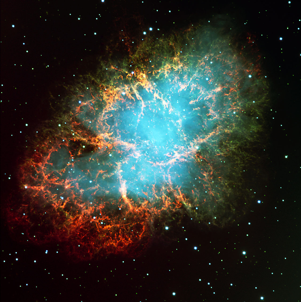 This photo shows a three colour composite of the well-known Crab Nebula (also known as Messier 1), as observed with the FORS2 instrument in imaging mode in the morning of November 10, 1999. It is the remnant of a supernova explosion at a distance of about 6,000 light-years, observed almost 1,000 years ago, in the year 1054. It contains a neutron star near its center that spins 30 times per second around its axis (see below).  In this picture, the green light is predominantly produced by hydrogen emission from material ejected by the star that exploded. The blue light is predominantly emitted by very high-energy ("relativistic") electrons that spiral in a large-scale magnetic field (so-called synchrotron emission). It is believed that these electrons are continuously accelerated and ejected by the rapidly spinning neutron star at the centre of the nebula and which is the remnant core of the exploded star. This pulsar has been identified with the lower/right of the two close stars near the geometric center of the nebula, immediately left of the small arc-like feature, best seen in ESO Press Photo eso9948. Technical information: ESO Press Photo eso9948 is based on a composite of three images taken through three different optical filters: B (429 nm; FWHM 88 nm; 5 min; here rendered as blue), R (657 nm; FWHM 150 nm; 1 min; green) and S II (673 nm; FWHM 6 nm; 5 min; red) during periods of 0.65 arcsec (R, S II) and 0.80 (B) seeing, respectively. The field shown measures 6.8 x 6.8 arcminutes and the images were recorded in frames of 2048 x 2048 pixels, each measuring 0.2 arcseconds. North is up; East is left.  Image Credit: ESO Explanation from: http://www.eso.org/public/images/eso9948f/