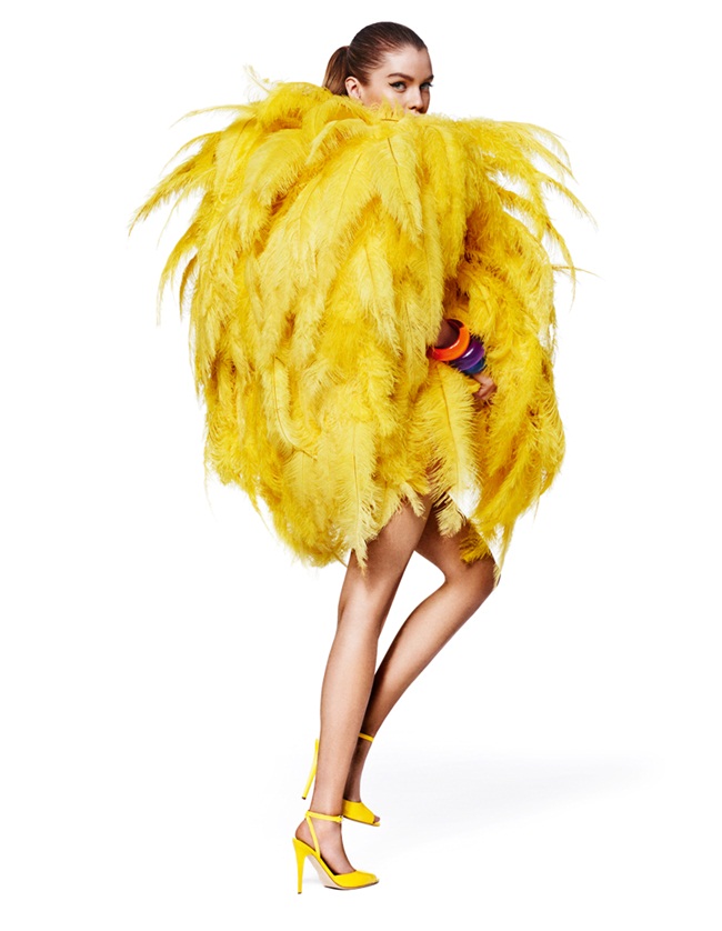 Daily Front Row May 2016, Stella Maxwell 2016 SS Moschino Big Bird Yellow Feathers Dress Editorials