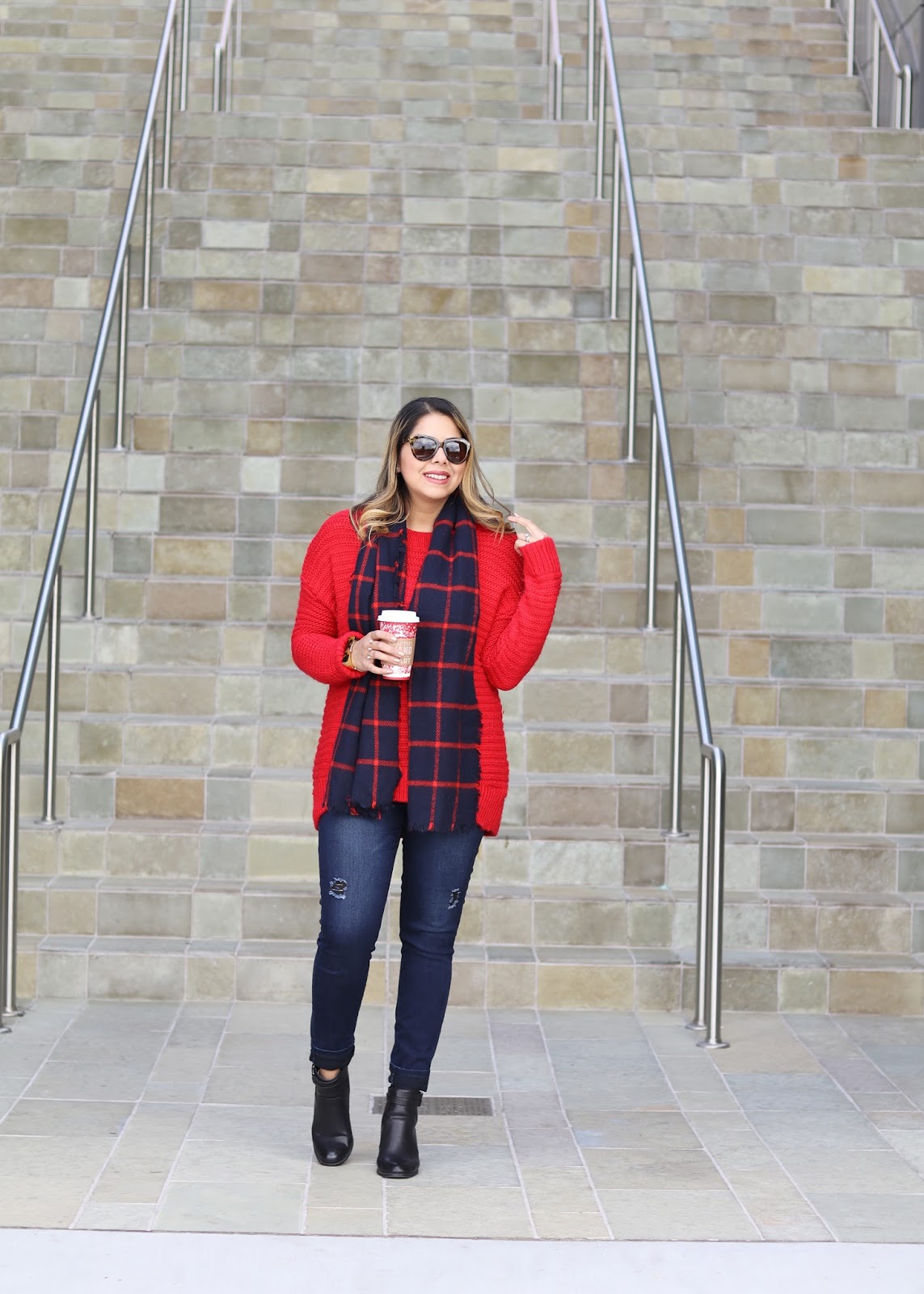 Red Knit Sweater and scarf outfit winter outfit for curvy women, latina fashion blogger, latina style blogger