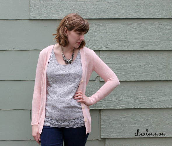 pale pink cardigan, lace top, statement necklace | www.shealennon.com