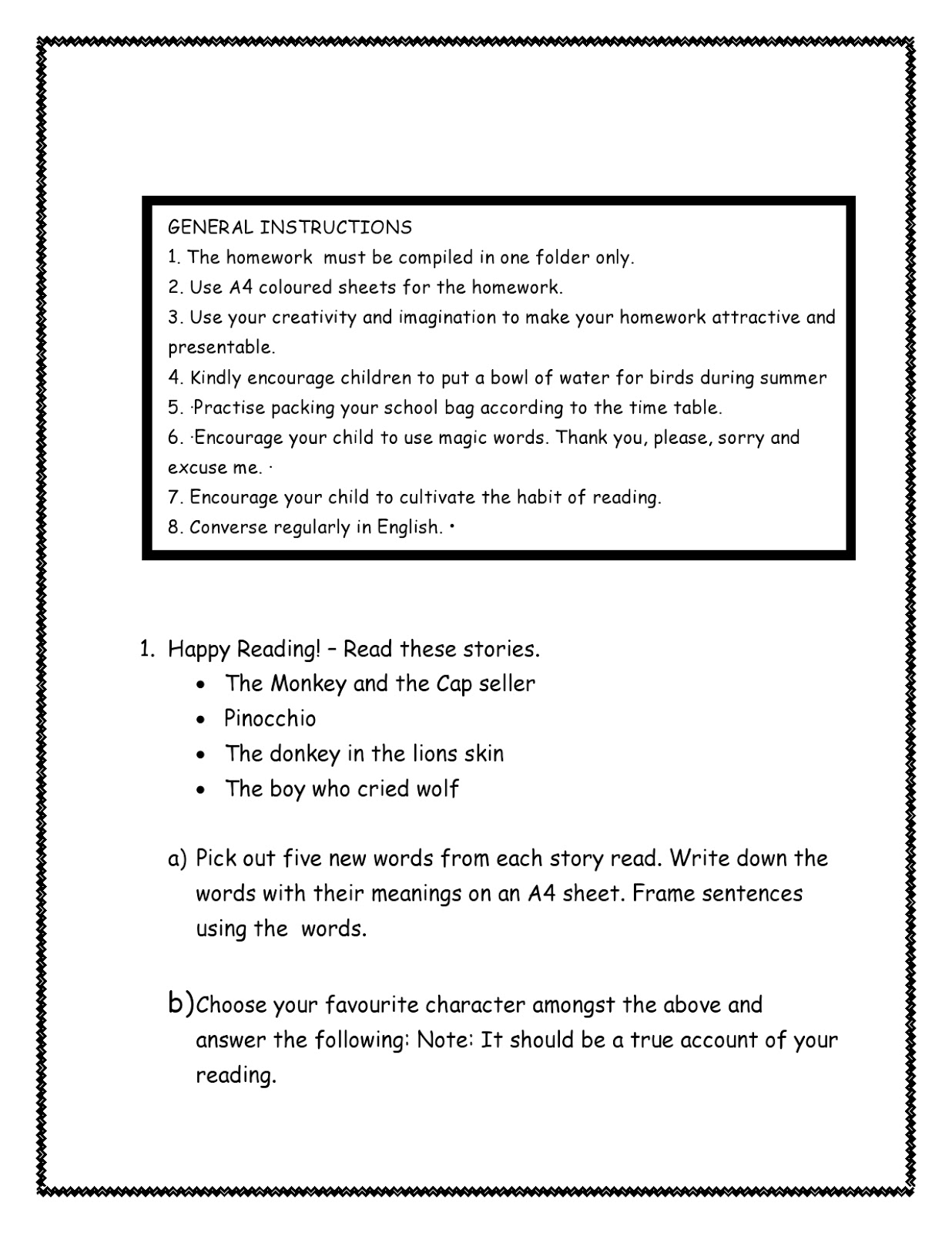 holiday homework in english for class 3