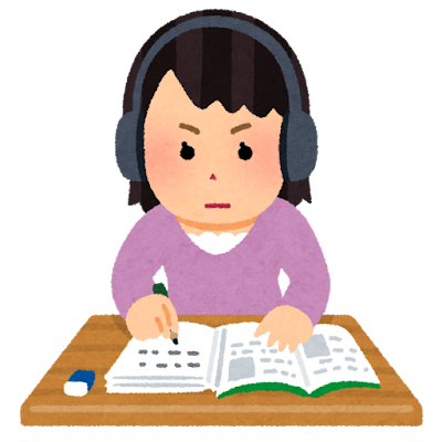 ヘッドホンをして勉強をする人のイラスト（女性）