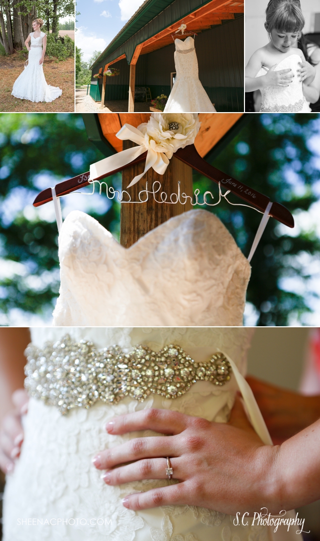 flower girl in bride's dress, beaverton michigan wedding, lace and rhinestone wedding dress