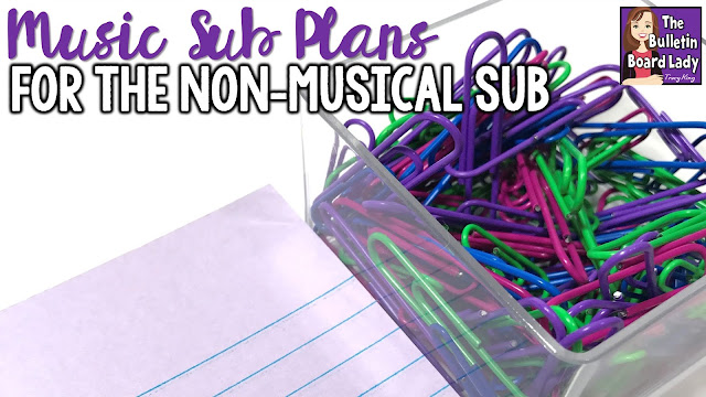 Music teachers often need to leave sub plans for non-musical substitute teachers.  This post is filled with tried and true lesson plans that are practical and comfortable for any teacher that steps into the music classroom.  Children's books, videos, worksheets and more are discussed.