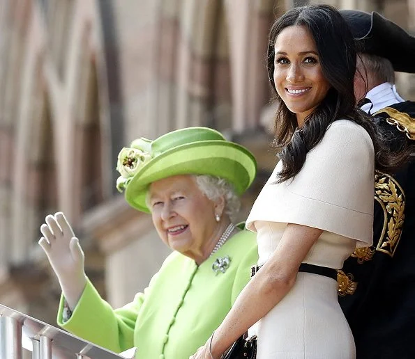 Duchess Meghan Markle is wearing bespoke Givenchy and Sarah Flint shoes, she carried Givenchy bag for today’s events in Cheshire