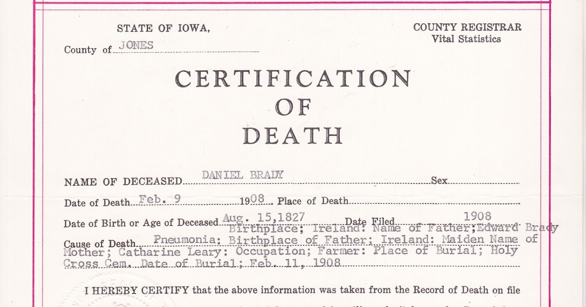Wordless Wednesday: Death Certificate Daniel Brady, Jones County, Iowa