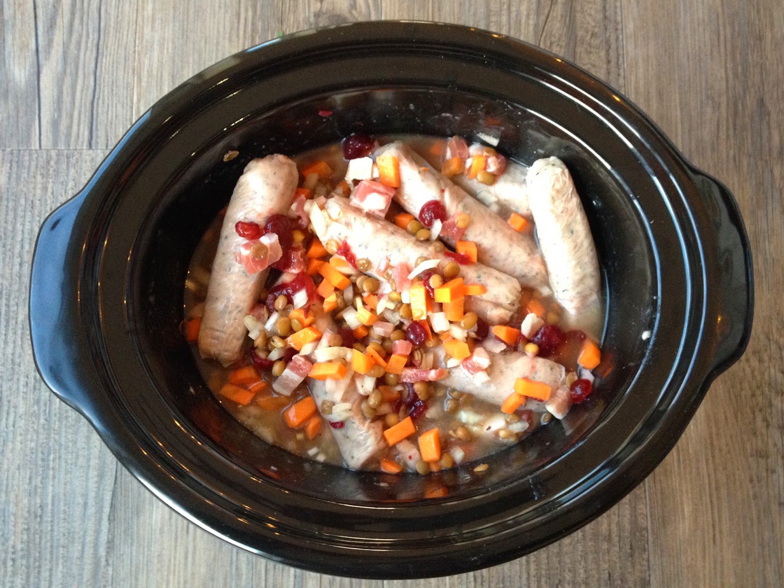 Slow Cooked Sausage, Cranberry & Green Lentil Stew