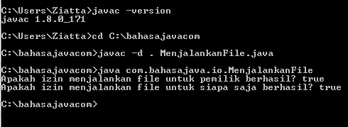 Contoh menjalankan program Java mengatur akses file pada Java