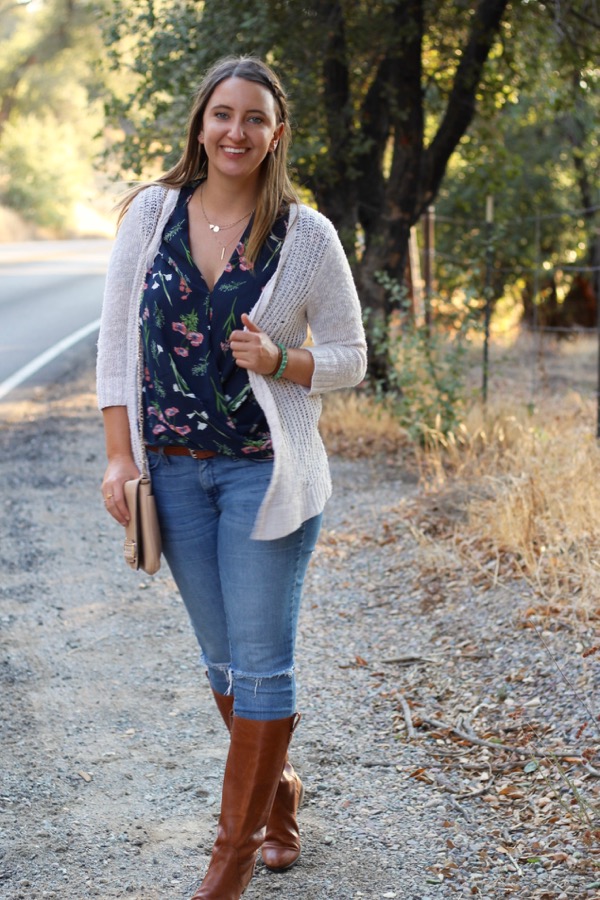 LunaVida Print In Progress Cardigan + Blouse + Jeans + Boots