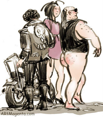 The biker version of The Emperor's New Clothes is a caricature by artist and illustrator Artmagenta