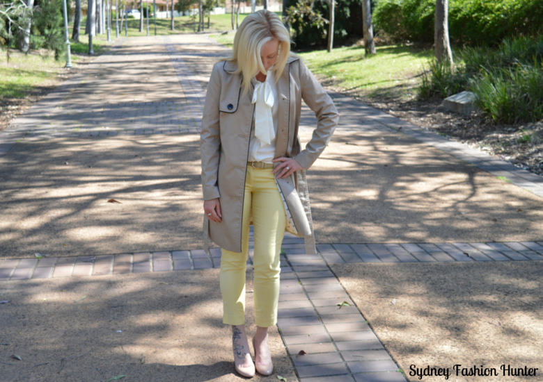 Sydney Fashion Hunter - Fresh Fashion Forum #2 - Welcome Spring - Yellow Pants, Ivory Shirt, Khaki Trench, Nude Pumps, Tan Tote