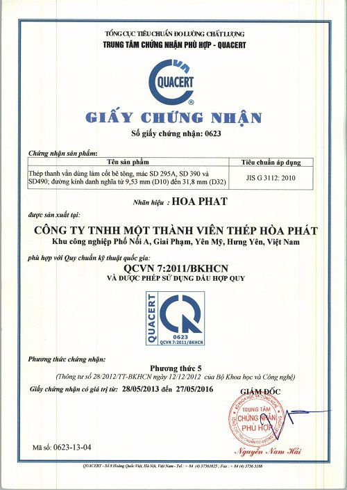 Giấy chứng nhận chất lượng thép thanh vằn mác thép SD295A, SD390 và SD490 Giấy chứng nhận chất lượng thép thanh vằn mác thép SD295A, SD390 và SD490