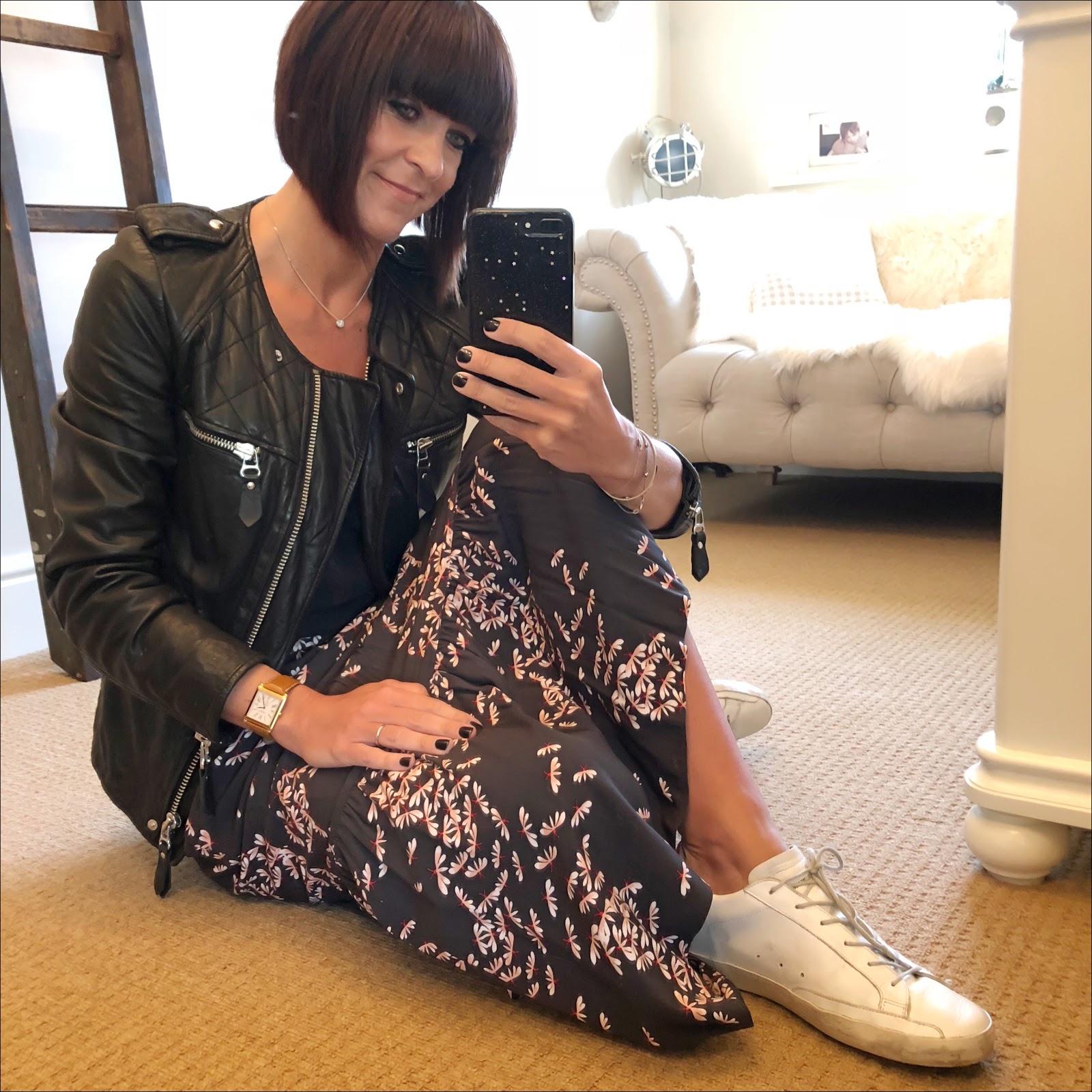 my midlife fashion, isabel marant etoile leather jacket, zara lace trim camisole, golden goose superstar low top leather trainers, hush veria frill skirt