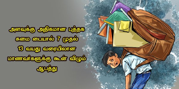 புத்தக சுமை 7 முதல் 13 வயது வரையிலான மாணவர்களுக்கு கூன் விழும் ஆபத்து புத்தக சுமை 7 முதல் 13 வயது வரையிலான மாணவர்களுக்கு கூன் விழும் ஆபத்து