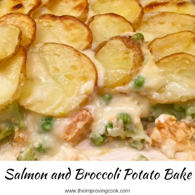 Salmon and Broccoli Potato Bake in a casserole dish