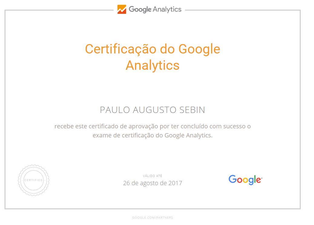 Imagem do certificado do Analytics - Paulo Augusto Sebin