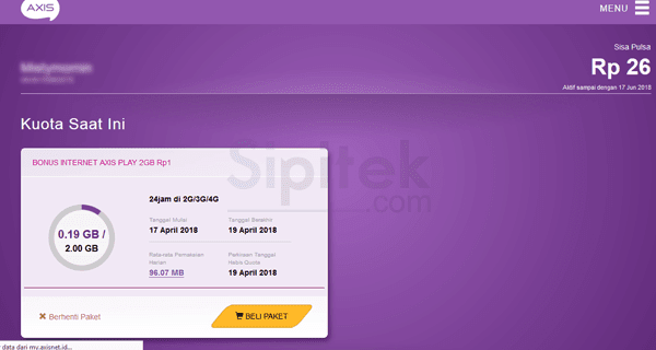 Rincian sisa kuota di situs AXISnet Rincian sisa kuota di situs AXISnet