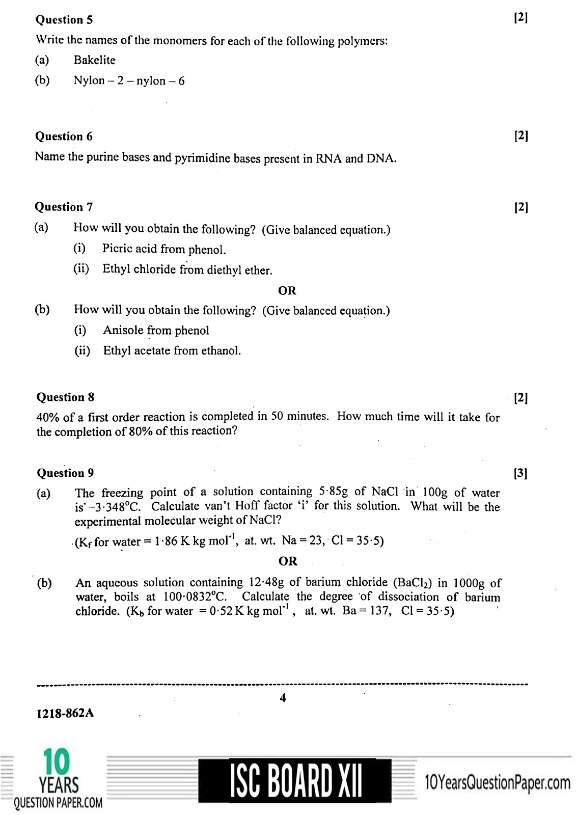 ISC 2018 Chemistry Paper 1 board question paper for Class XII ISC Board 2018 class 12th Chemistry Theory question paper Download page-04