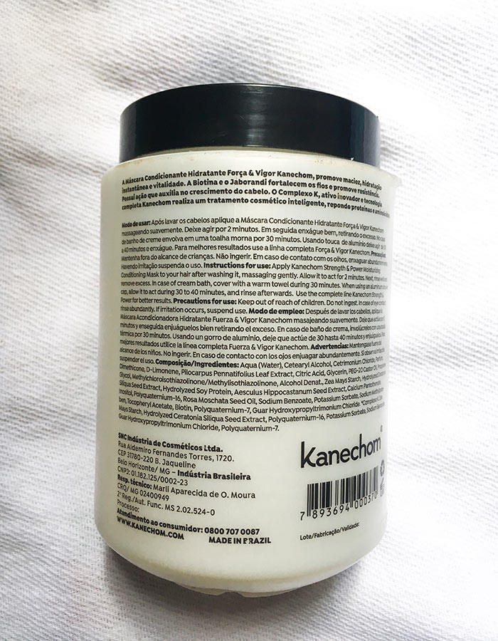 Rótulo na embalagem da máscara condicionadora Kanechom Força e Vigor com descrição da máscara, modo de usar e composição