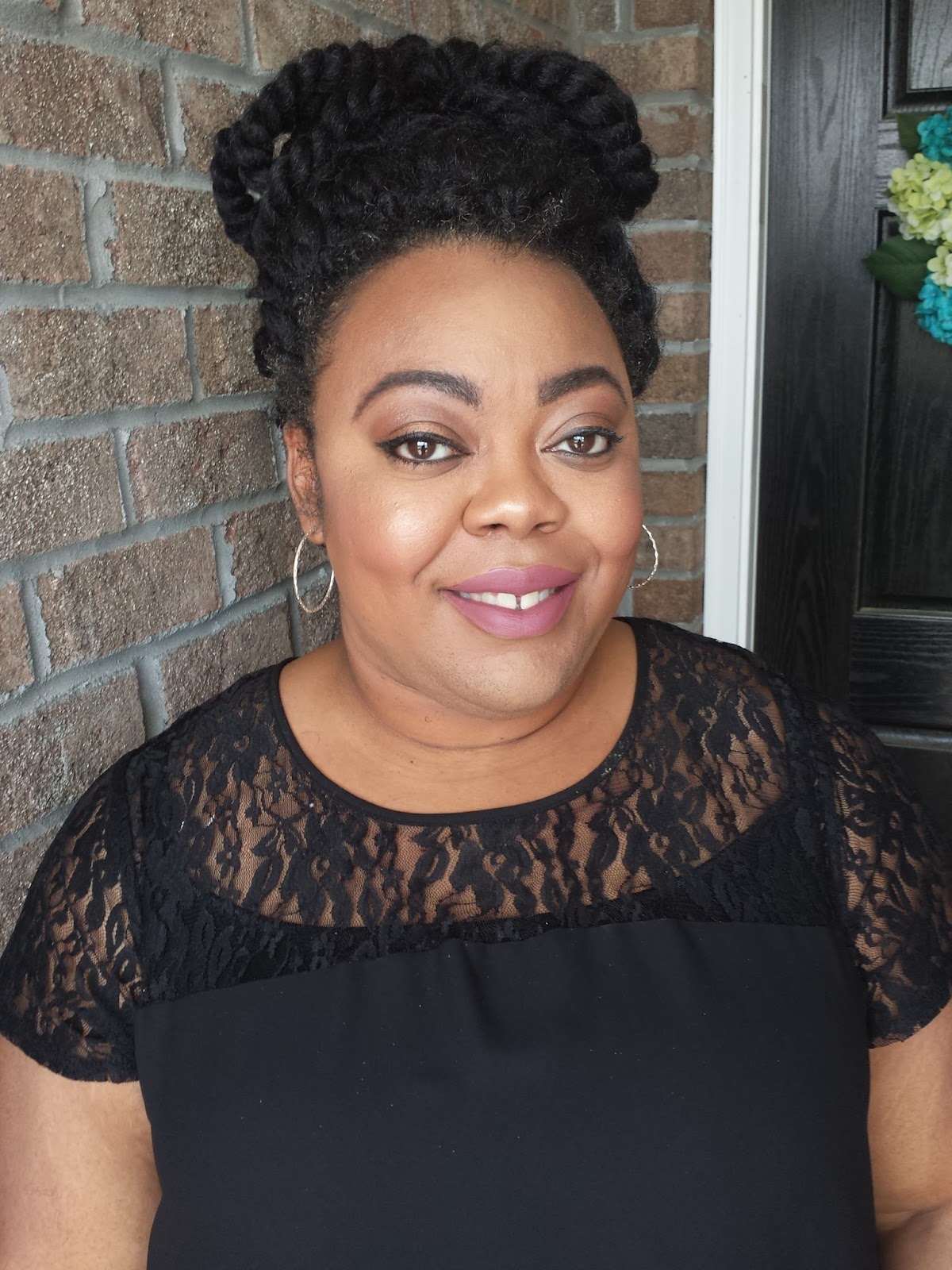 Plus size blogger wearing MAC foundation and concealer with Colourpop matte lip Lace yoked blouse on curvy blogger
