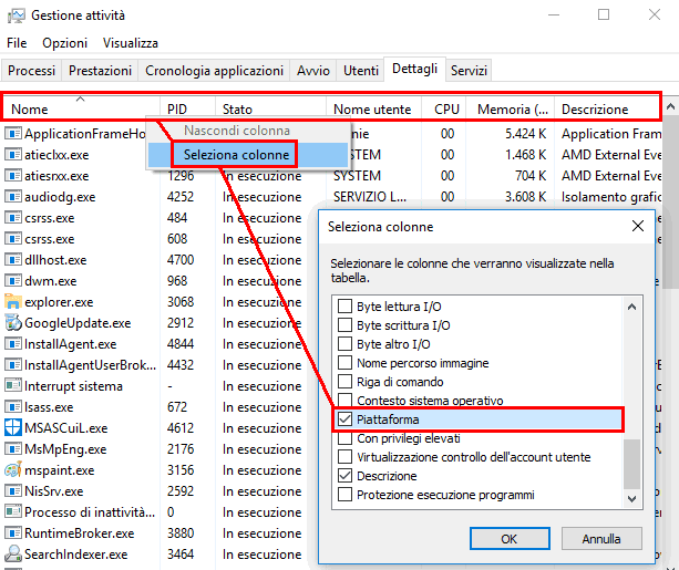 Task Manager Windows 10 aggiungere colonna Piattaforma