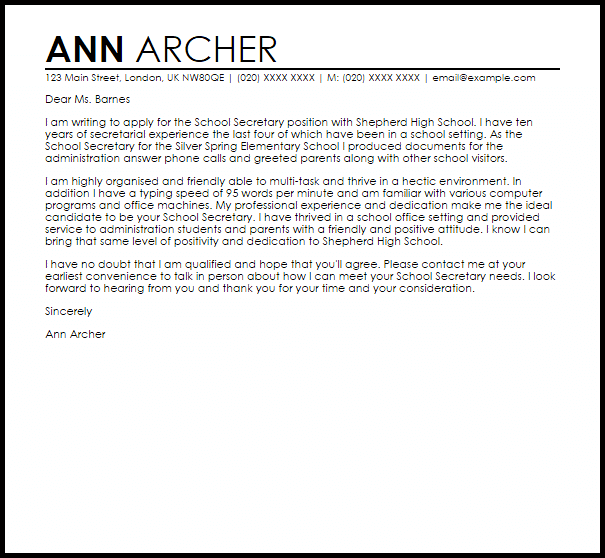 School Secretary Cover Letter School Secretary Cover Letter