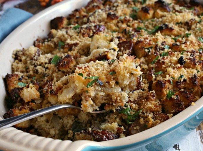 Homemade cornbread stuffing with bacon, sausage and cheese.