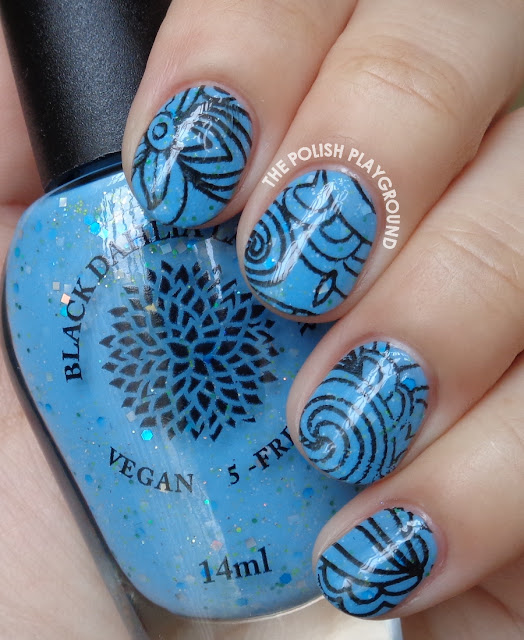 Blue Crelly and Black Floral Abstract Stamping Nail Art