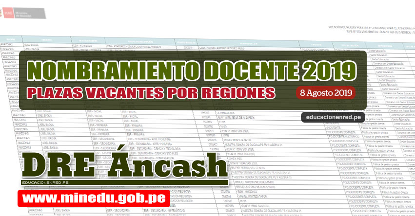 DRE Áncash: Relación Final de Plazas Vacantes para Nombramiento Docente 2019 (.PDF ACTUALIZADO 8 AGOSTO) www.dreancash.gob.pe DRE Áncash: Relación Final de Plazas Vacantes para Nombramiento Docente 2019 (.PDF ACTUALIZADO 8 AGOSTO) www.dreancash.gob.pe