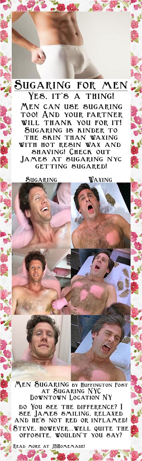 Sugaring is kinder to the skin than waxing with hot resin wax and shaving! Do you see a difference? I see James smiling, relaxed and he's not red or inflamed!When was the last time you laughed while getting waxed?! Steve, however...well quite the opposite, wouldn't you say?