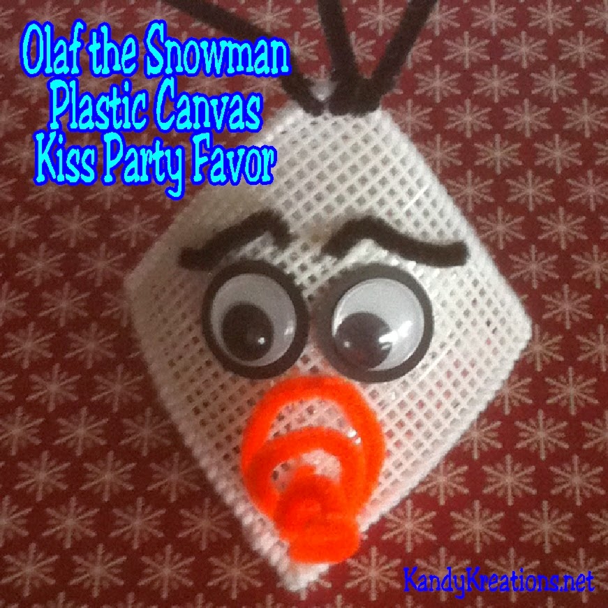 Celebrate at your Snowman or Frozen party with this Olaf the Snowman party favor.  Make a simple and quick plastic canvas kiss holder for a large Hershey Kiss and give warm hugs and kisses at your next party.