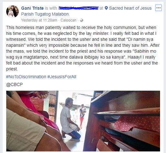 homeless man was ‘denied’ communion at a Church in Malabon