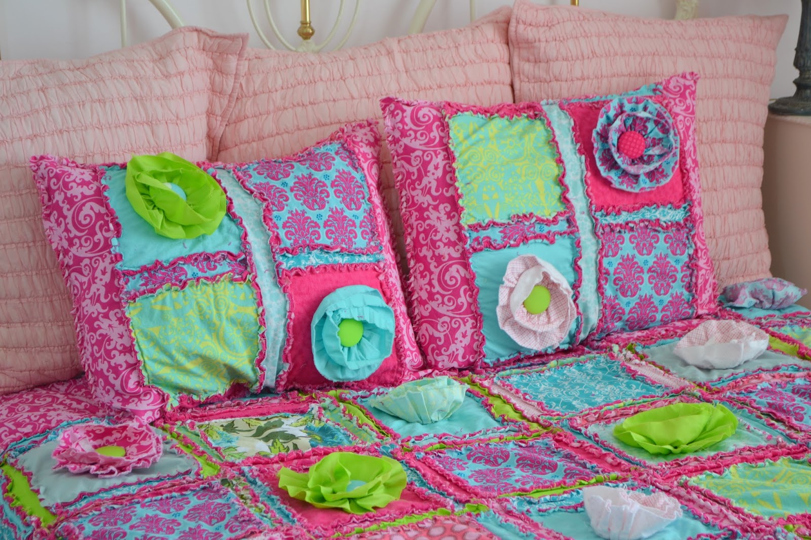 Ruffle Pillow Shams in Hot Pink, Turquoise, and Pink 