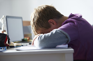 Niño rubio dormido en clase sobre su libro, con el ordenador encendido.