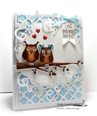 North Coast Creations Stamp set: Who Loves You?, North Coast Creations Custom Dies: Owl Family, Flourished Vine, Our Daily Bread Designs Custom Dies:Doily, Beautiful Boho Background, Flower Box Fillers, Pennant, Umbrella 