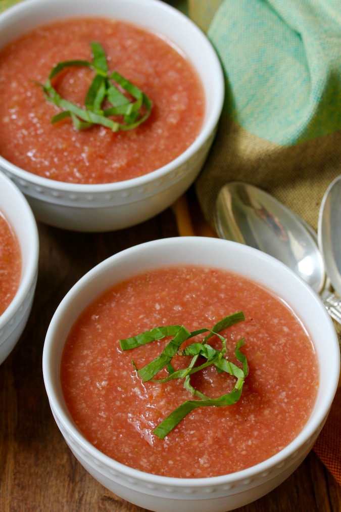 This Roasted Pepper Gazpacho is so spicy and fresh, and is the perfect first course for a summer dinner party.