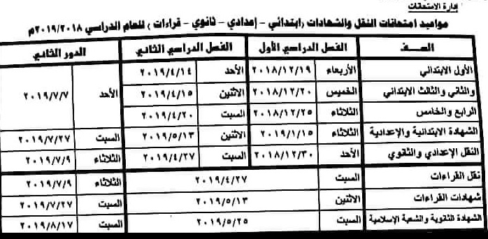 جدول مواعيد امتحانات النقل و الشهادات العامه للعام الدراسي 2019