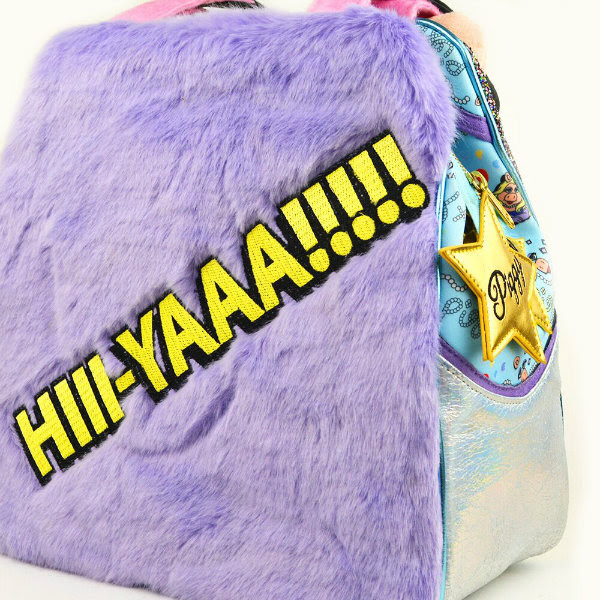 Irregular Choice Disney Muppets Miss Piggy Hii-Yaaa bag back view lilac fur fabric bag with embroidered hii-yaaa applique on top