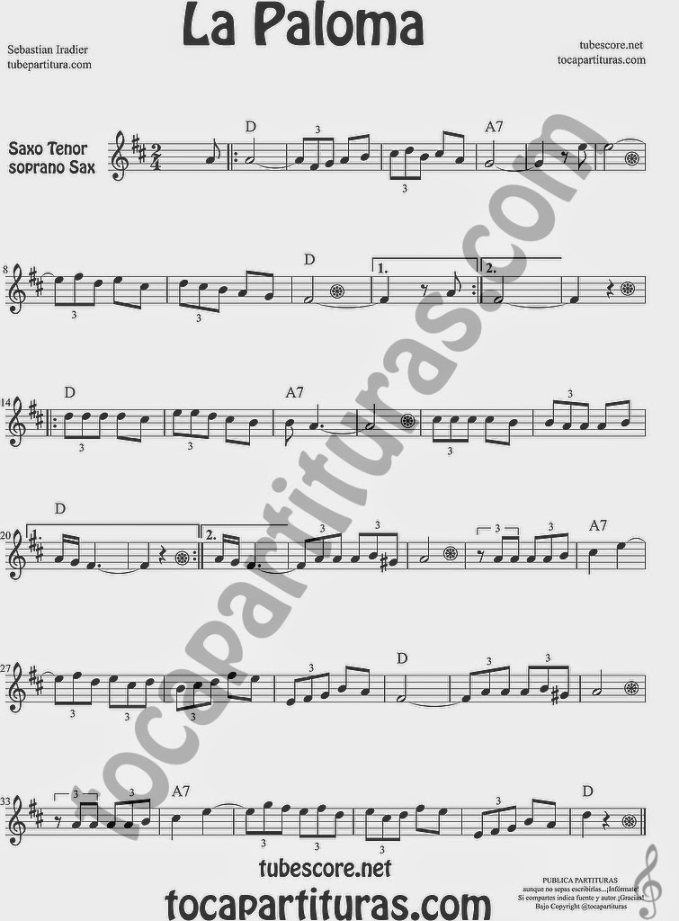  La Paloma Partitura de Saxofón Soprano y Saxo Tenor Sheet Music for Soprano Sax and Tenor Saxophone Music Scores