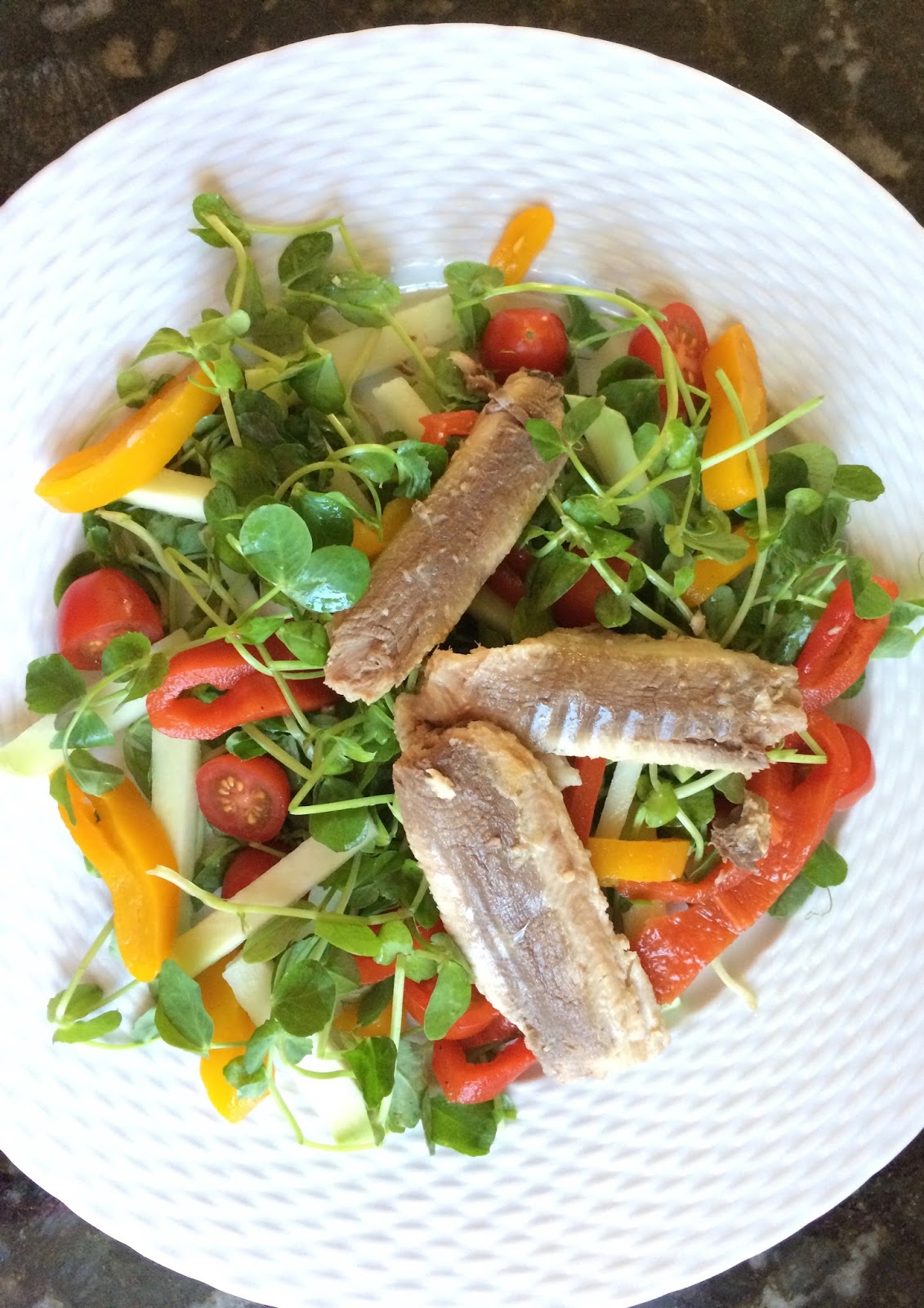 Pea Shoot Salad with Sardines, Fire Roasted Peppers, and Kohlrabi Recipe