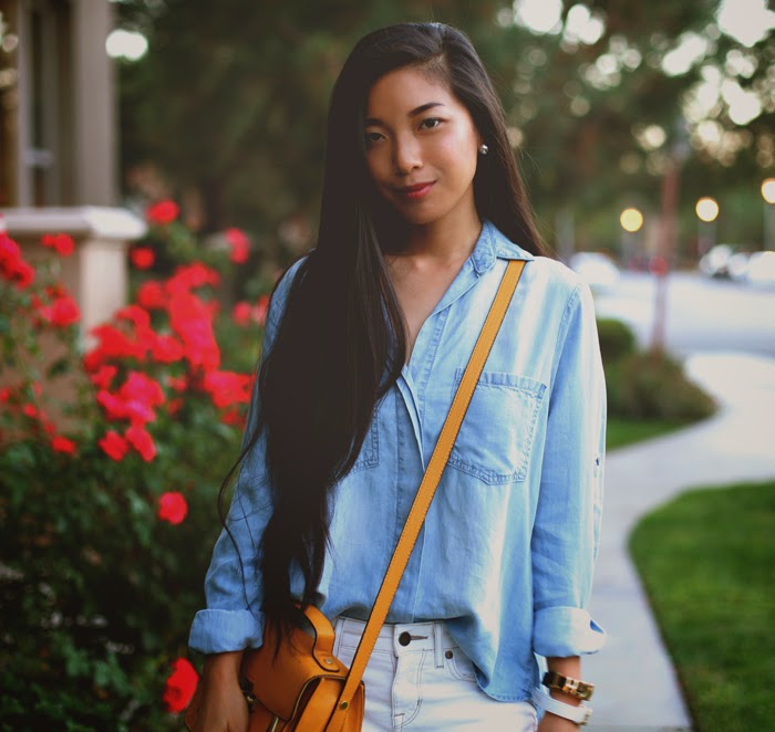 Stephanie Liu of Honey & Silk wearing Bella Dahl shirt, Rich & Skinny jeans, Kelsi Dagger heels, and Phillip Lim for Target bag.