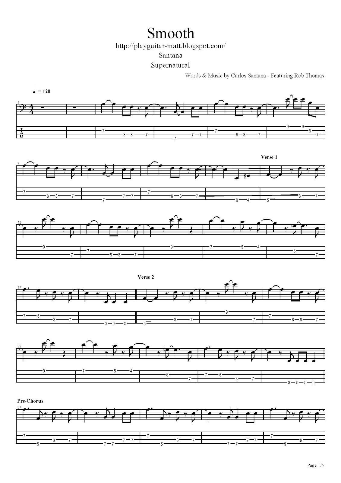 Phoe Aye Santana, Carlos Smooth Bass Guitar Tab