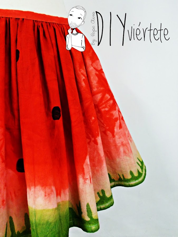 DIY-tintes iberia-teñir-rojo-verde-verano-fruta-sandía-estampado-melón-watermelon-falda-pepefalda-newlook-999999