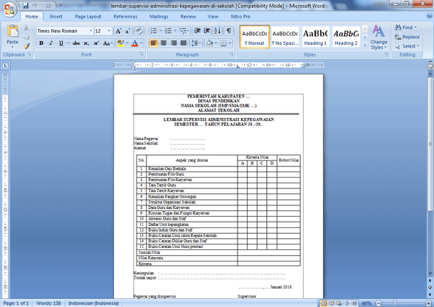 Contoh Format Lembar Supervisi Administrasi Kepegawaian Sekolah SMP SMA