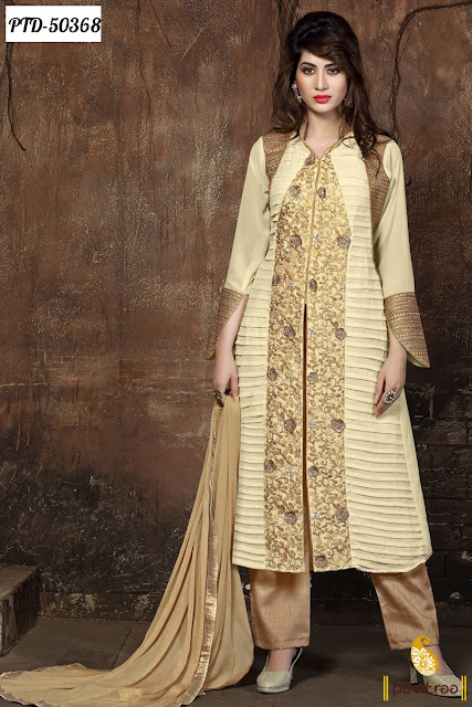 Latest fashion beige chiffon designer salwar suit online with discount offer price at pavitraa.in