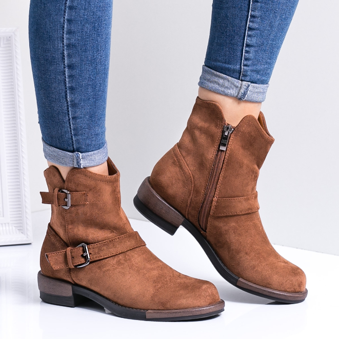 Cizme dama scurte de iarna cu catarame camel piele intoarsa